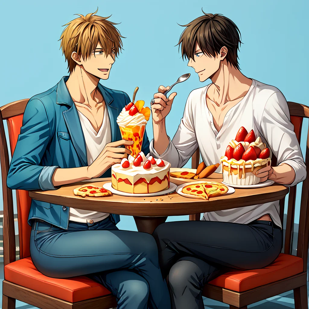 score_9,score_8_up,score_7_up,score_6_up,score_5_up,score_4_up BREAK (junta azumaya:0.7),takato saijo,2boys,multiple boys,food,cup,male focus,fork,pants,looking at another,sitting,table,spoon,pizza,cake,holding fork,drinking glass,open mouth,denim,holding,crossed legs,chair,jeans,flower,shirt,plate,holding spoon,cake slice,black pants,jacket,blush,smile,juice,jewelry,strawberry,blue pants,white shirt,fruit,eating,drinking straw,blue jacket,ring,open clothes,orange slice,closed mouth,drink,orange \(fruit\),eye contact,teacup,yaoi,vest,long sleeves,blue background,casual,glass,ice cube,salad,holding cup,feet out of frame,hood,parfait,pasta,dessert,official art,<lora:Takato_Junta_V1-2:1>,