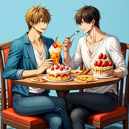 score_9,score_8_up,score_7_up,score_6_up,score_5_up,score_4_up BREAK (junta azumaya:0.7),takato saijo,2boys,multiple boys,food,cup,male focus,fork,pants,looking at another,sitting,table,spoon,pizza,cake,holding fork,drinking glass,open mouth,denim,holding,crossed legs,chair,jeans,flower,shirt,plate,holding spoon,cake slice,black pants,jacket,blush,smile,juice,jewelry,strawberry,blue pants,white shirt,fruit,eating,drinking straw,blue jacket,ring,open clothes,orange slice,closed mouth,drink,orange \(fruit\),eye contact,teacup,yaoi,vest,long sleeves,blue background,casual,glass,ice cube,salad,holding cup,feet out of frame,hood,parfait,pasta,dessert,official art,<lora:Takato_Junta_V1-2:1>,