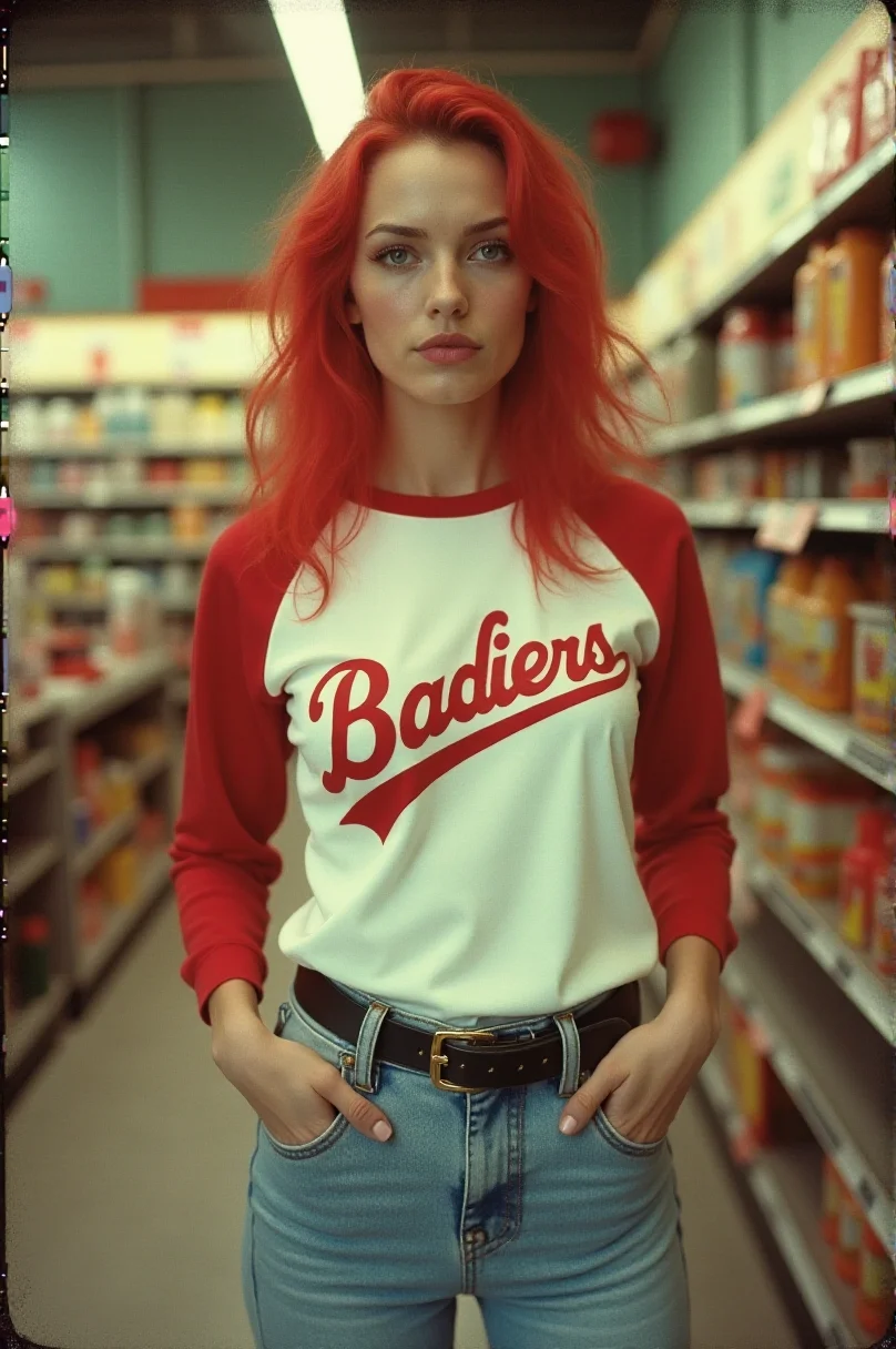 first person point of view 1980s polaroid photographic portrait of a confident woman wearing baseball jersey with high-waisted acid wash jeans with light red head banana clip, 80s style novelty store, Quirky gadgets, gags, and prank items galore, saturated colours, aged photograph