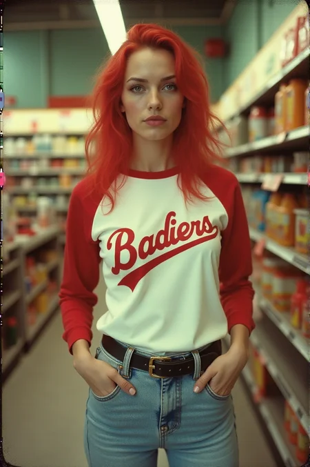 first person point of view 1980s polaroid photographic portrait of a confident woman wearing baseball jersey with high-waisted acid wash jeans with light red head banana clip, 80s style novelty store, Quirky gadgets, gags, and prank items galore, saturated colours, aged photograph