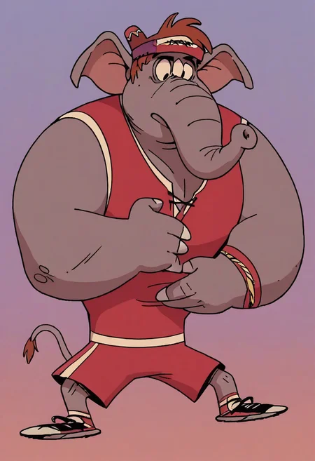 (score_9 | score_8_up | score_7_up)
((masterpiece:1))(best quality,very high quality,ultra detailed:1.2)
(2D,cartoon style,anime style)(Smooth:2)(clean blurring)
(four fingers on each hand,one thumb on each hand:1), Abu elephant, solo, brown hair, grey skin, black eyes, trunk, trunk nose, elephant trunk, elephant ears, monkey tail, purple vest, red and purple hat, alien, muscular, +++three eyes, extra eye, grey skin color, full body
