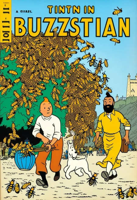 Headline "Tintin in Buzzistan", in the style of herge, cbcmkrsdxl, middle eastern city with bees