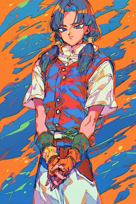 score_9, score_8_up, score_7_up, videl \(dragon ball\), long hair, black hair, blue eyes, low twintails,, solo, solo focus, cowboy shot, simple background, Standing with hands clasped behind the back., <lora:mizucx2:1.3>