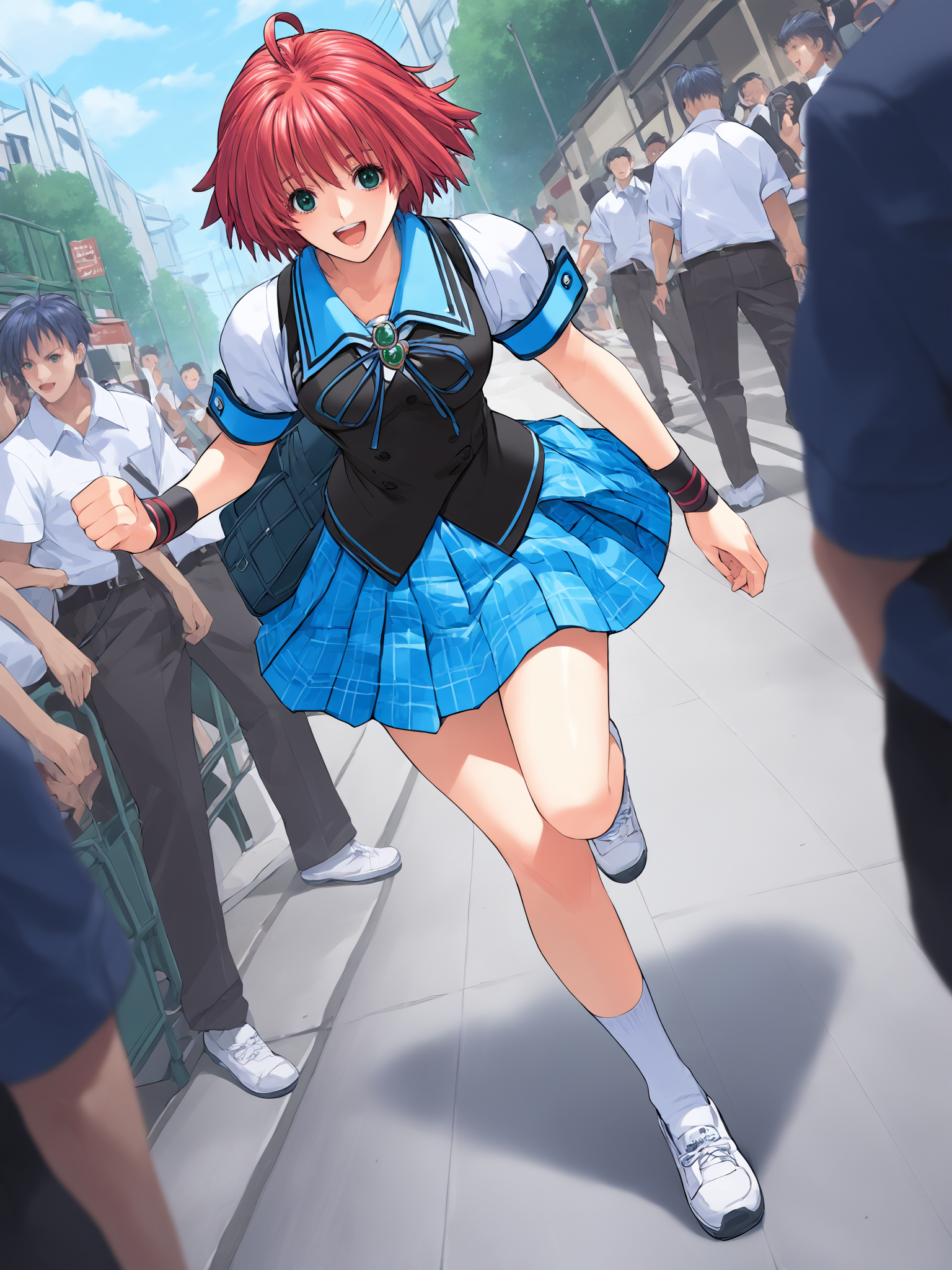 score_9, score_8_up, score_7_up, score_6_up, source_anime, BREAK
school corridor, running, full body, pov, dutch angle, open mouth, schoolbag, (crowds:1.5)
<lora:Kurahashi_Yoshimi_Pony_v1:1>, 1girl, solo, smile, short hair, skirt, school uniform, green eyes, ahoge, red hair, vest, blue skirt, plaid, plaid skirt, brooch, wristband, ankle socks, white socks, sneakers, white footwear,
