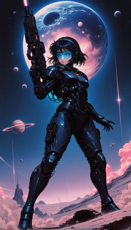 1girl, black hair, cybernetic armor, glowing cyan lines, visor, plasma rifle, alien planet, twin moons, dust storm, tactical gear, futuristic weapon, science fiction, battle stance, high detail, harsh lighting masterpiece, best quality, amazing quality, very aesthetic, absurdres, detailed eyes, newest, <lora:PinkieRetroCybercoreIL:1>, pinkretrocybercore, retro,