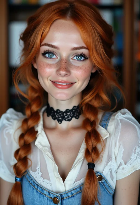 A character turnaround of a (
a Smiling, happy, seductive 22-year-old ginger-haired woman with well-braided Wavy red hair with milkmaid braids. She has freckles, a detailed face, a supermodel face, adorable bright blue eyes detailed and realistic eyes, high cheekbones, a button nose, full lips, a sweaty, petite body (small teardrop breasts;0.8), a tiny waist, HD32K) wearing she adorns her feet with bobby socks featuring timeless stripes, complementing her ensemble with a charming blue chambray plaid skirt. A sheer, airy white button-down shirt adds a touch of elegance to her outfit, while a dainty black lace choker graces her neck, completing her stylish and sophisticated look.
).