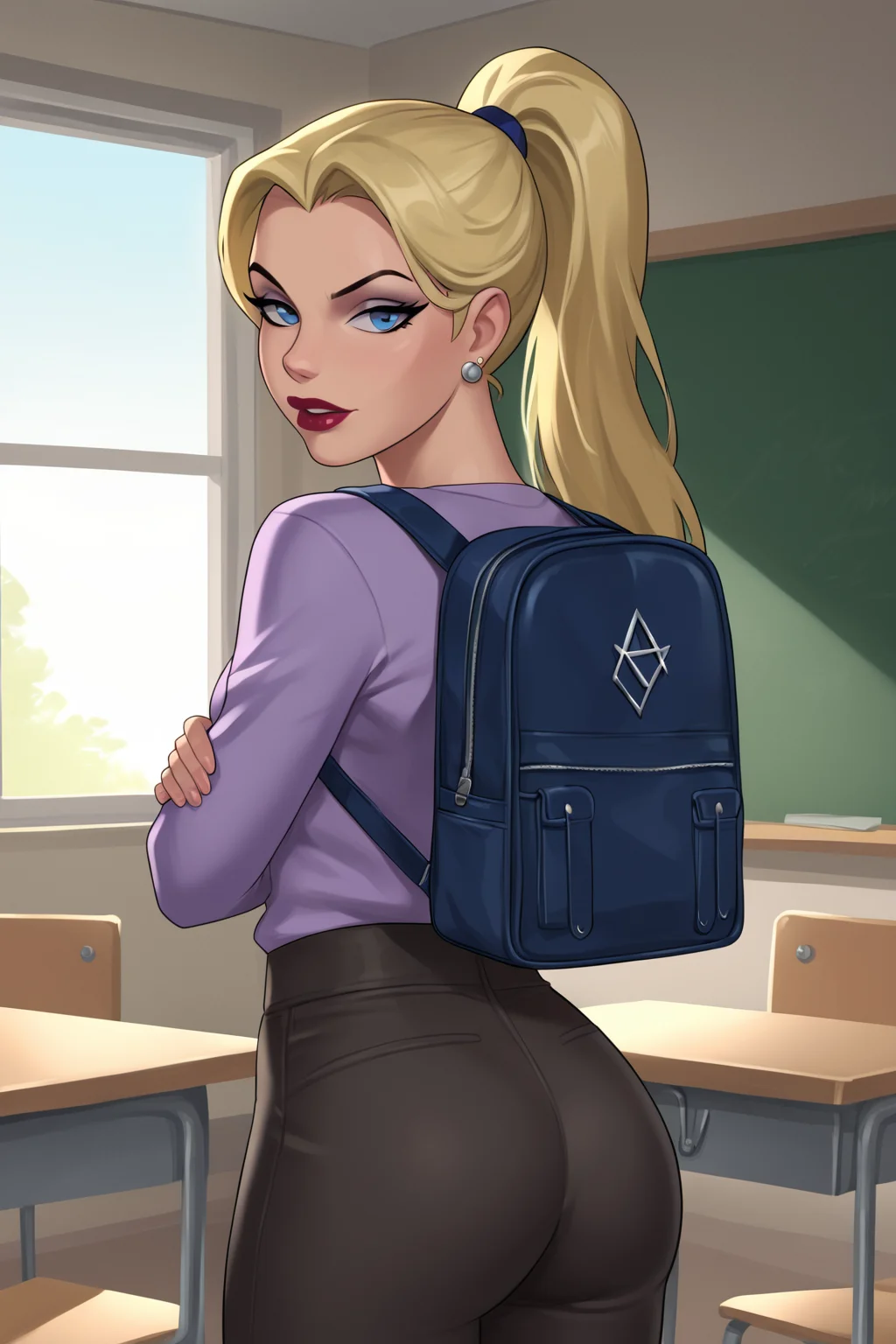 PonyXLV6_Scores BREAK ((parody)), (perfect anatomy, absurd resolution, cowboy shot) BREAK <lora:Stargirl:0.8> 1girl, blonde hair, long hair, ponytail, blue eyes, lipstick, makeup, flirty, raised eyebrow, ((looking back at viewer)), jewelry, earrings, purple shirt, long sleeves, purple miniskirt, backpack, sexually suggestive, standing in classroom, indoors
