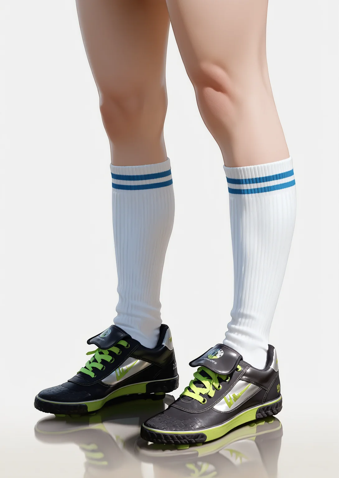 masterpiece,amazing quality,best quality,ultra-detailed,absurdres,newest,1boy,solo,cleats,(green cleats:1.1),realistic,photorealistic,separated legs,<lora:cleatss-000010>,white ribbed kneehighs,white background,simple background,standing,