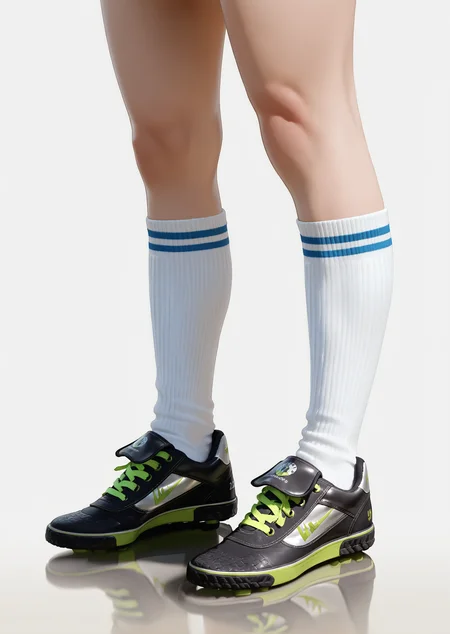 masterpiece,amazing quality,best quality,ultra-detailed,absurdres,newest,1boy,solo,cleats,(green cleats:1.1),realistic,photorealistic,separated legs,<lora:cleatss-000010>,white ribbed kneehighs,white background,simple background,standing,