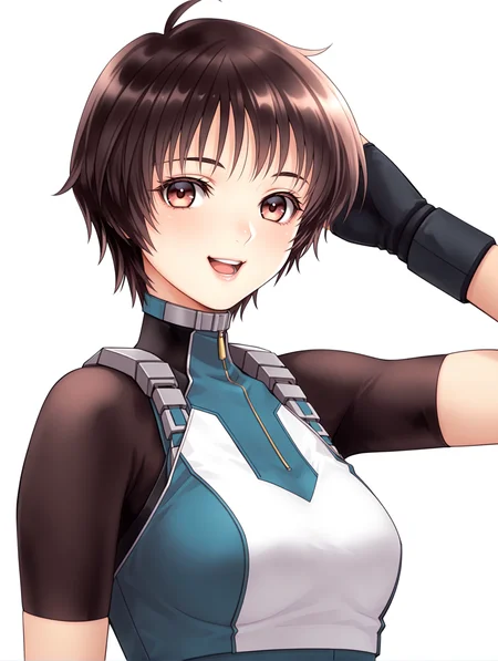 masterpiece,best quality,newest,
1girl,solo,
<lora:Aizawa_Momo_ilxl_v1.0>,momo_a,ahoge,brown hair,short hair,brown eyes,
m_suit,turtleneck,skin tight,bodysuit,crop top,short sleeves,fingerless gloves,leotard,
<lora:Fixhands_anime_bdsqlsz_V1:1>,white background,looking at viewer,simple background,face_focus,upper_body,looking_at_viewer,portrait,laughing,front view,