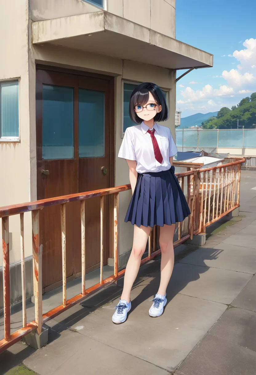 score_9, score_8_up, score_7_up, rating_safe, masterpiece, best quality, absurdres, unity 8k wallpaper, official art, official style, source_anime, uncensored, game cg, megami magazine,
1girl, glasses, collared shirt, red necktie, pleated skirt, blue skirt, blush, 1boy, shirt, pants, shoes, short sleeves, sneakers, standing
okujyou, outdoors, sky, short hair, black hair, blue sky, day, scenery, railing, fence, power lines, photo background
<lora:gakkou_okujyo_PONY_V1:1>