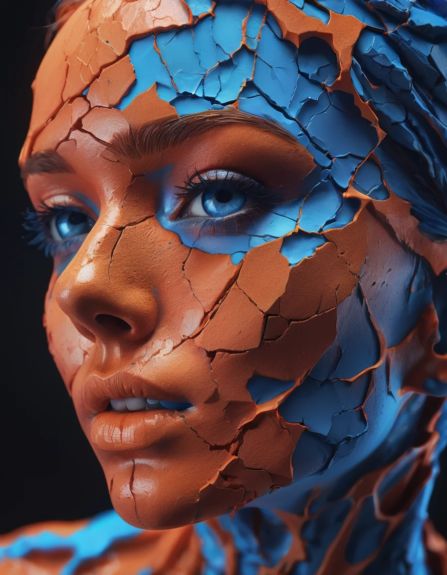 a close up of a person's face on a cracked surface, inspired by Alberto Seveso, featured on zbrush central, orange fire/blue ice duality!, portrait of an android, fractal human silhouette, red realistic 3 d render, blue and orange, subject made of cracked clay, woman, made of lava