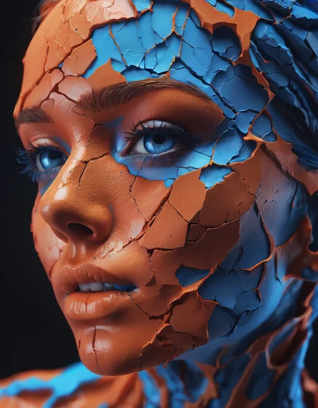 a close up of a person's face on a cracked surface, inspired by Alberto Seveso, featured on zbrush central, orange fire/blue ice duality!, portrait of an android, fractal human silhouette, red realistic 3 d render, blue and orange, subject made of cracked clay, woman, made of lava