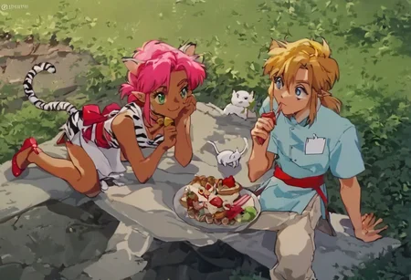 score_9, score_8_up, score_7_up, score_6_up, Masterpiece, source_anime screenshot, duo, 1 girl, 1 boy, vivid colors, retro anime style, high-res, beautiful aesthetic, very intricate, high-quality details, vibrant, highly detailed, award-winning, professional, <lora:pink-ponyxl-v2:1>, cute cat smile, singke fang showing, sleeveless dress, white tiger print dress, pelvic curtain, cleavage, white cat ears, cat bell necklace, bright pink hair, tanned, white tiger tail, red sash, small breasts, leather shoes, detailed eyes, green eyes, detailed face, BREAK score_9, score_8_up, score_7_up, score_6_up, Masterpiece, source_anime, anime style, 1 girl, 1 boy, vivid colors, retro anime style, high-res, beautiful aesthetic, very intricate, high-quality details, vibrant, highly detailed, award-winning, professional, <lora:link:0.8> link1, link, pointy ears, blonde hair, blue eyes, medium hair, side locks, earrings, short ponytail, blue hylian tunic
Break
In a lush green forest clearing, near a lake, pink and link sit down on their knees on a picnic blanket, and have a picnic together happily, eating various foods and sweets