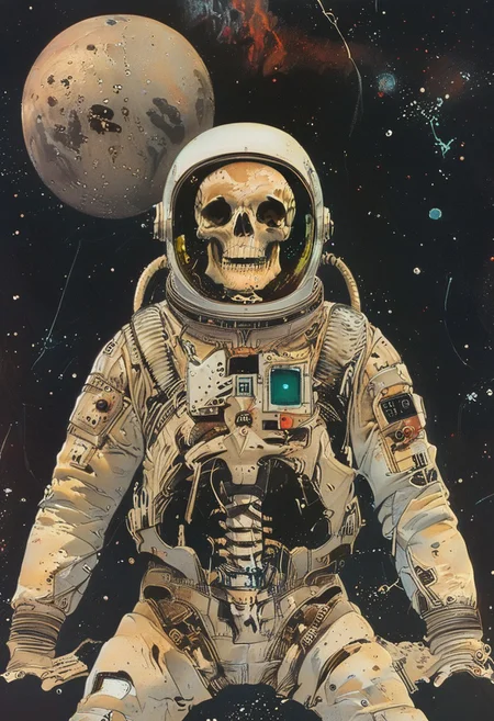 score_9,score_8_up,score_7_up, ((masterpiece,best quality)),absurdres, full body view, distant view, 3/4 view, John Harris Style page, style of Simon Bisley, Simone Martini Style, space_space, dead astronaut, skeleton in a space suit, torn rusty dirty white american space suit, cracked space suit helmet visor,skull in helmet, glass shards, floating through space, space stars galaxy background,