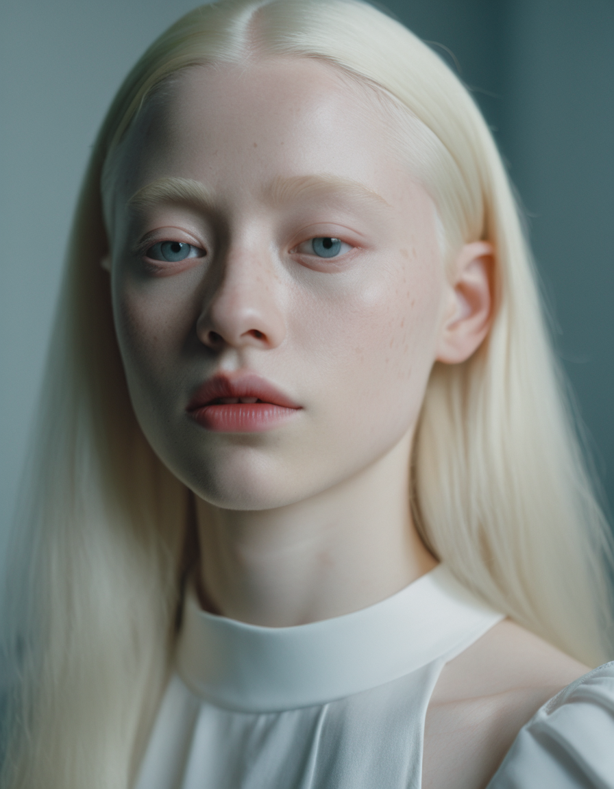 Close up portrait of a 22 years old albino girl, shot on Anamorphic Lens, Cinematic, Film Still