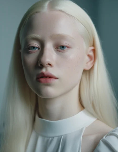 Close up portrait of a 22 years old albino girl, shot on Anamorphic Lens, Cinematic, Film Still