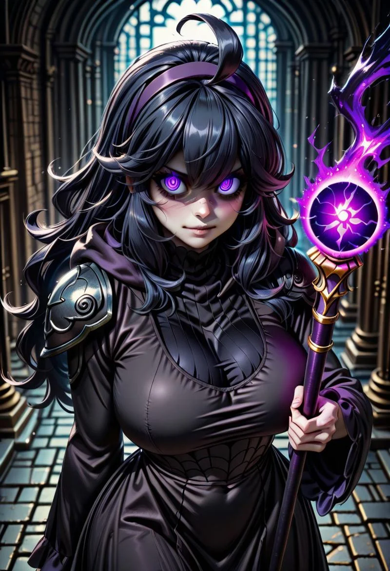 masterpiece, best quality, 1girl, solo, eyelashes, (beautiful eyes),   
(
hex maniac (pokemon), long hair, ahoge, purple hairband, purple eyes, large breasts, long dress,
),
solo, long hair, looking at viewer, black hair, long sleeves, holding, upper body, hood, armor, blurry, depth of field, blurry background, glowing, staff, shoulder armor, glowing eyes, hood up, skull, robe, holding staff, magic