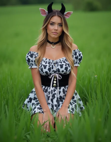 a woman on all fours in a green grass field. She is wearing a cow_dress  Looking at viewer., best quality, 4k, 8k, high resolution, cinematic, vibrant, intricate, Hyperrealistic, high detail, <lora:flux_realism_lora.safetensors:0.8> <lora:__TRAINED LORAS\CowDress_FLUX_rank16_bf16:0.8>