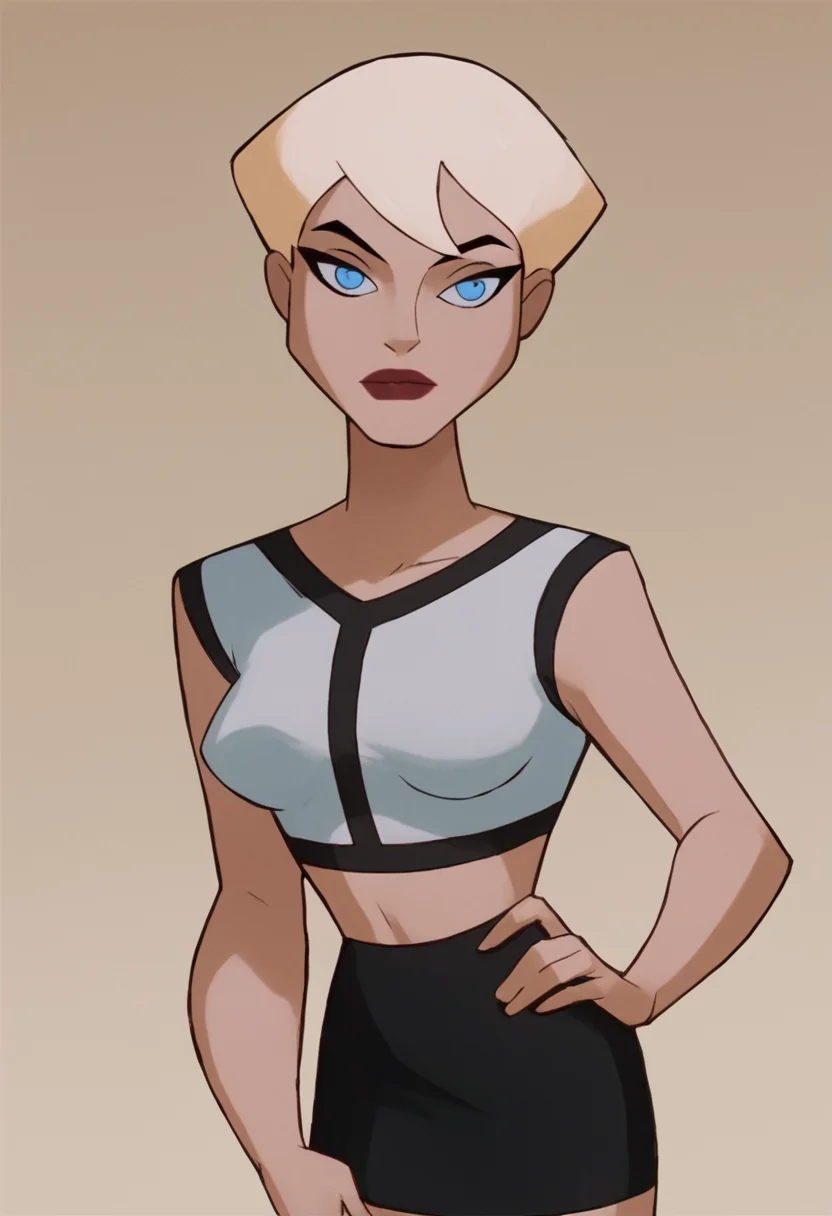 <lora:ChelseaBatmanBPony1.0:1> chelsea, 1girl, solo, blonde hair, short hair, white shirt, blue eyes, breasts, lipstick, black skirt, score_9, score_8_up, score_7_up, score_6_up, score_5_up, score_4_up, looking at viewer, hand on own hip, cowboy shot,simple background,