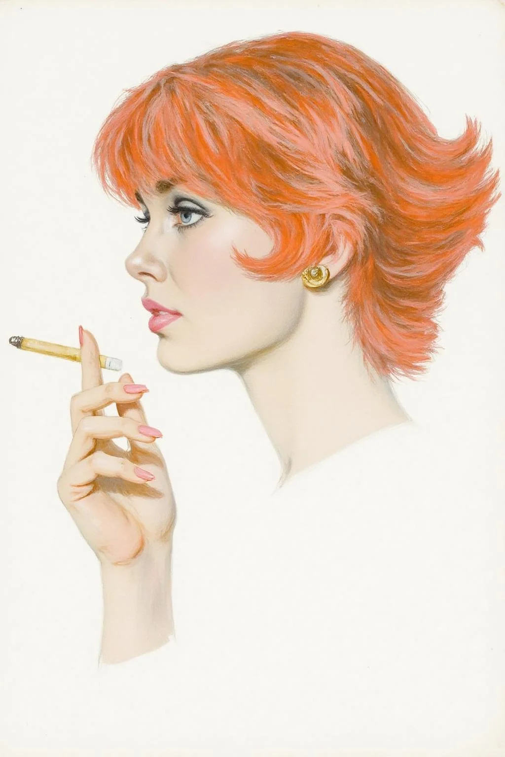 cobyw1 illustration
Profile of woman with striking, bright red hair styled in a short, tousled bob, with a slight wave to the left side. She hold a cigarette with her fingers. <lora:cobyw1_cap_d6a3e12:1.0><lora:818791646469666686:0>