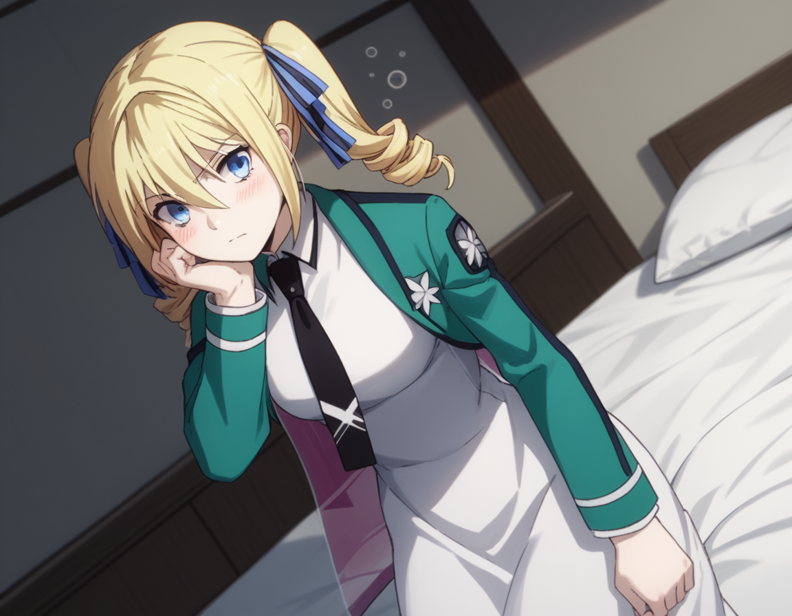 score_9, score_8_up, score_7_up, source_anime,
angelinakudoushields, <lora:angelina-kudou-shields-s2-ponyxl-lora-nochekaiser:1>,
angelina kudou shields, blue eyes, blonde hair, ribbon, hair between eyes, twintails, hair ribbon, drill hair, blue ribbon, twin drills,
long sleeves, dress, school uniform, pantyhose, necktie, white dress, black necktie,
indoors, bed, bed room, on side, blush, drunk,
solo, dutch angle, looking at viewer, cowboy shot,