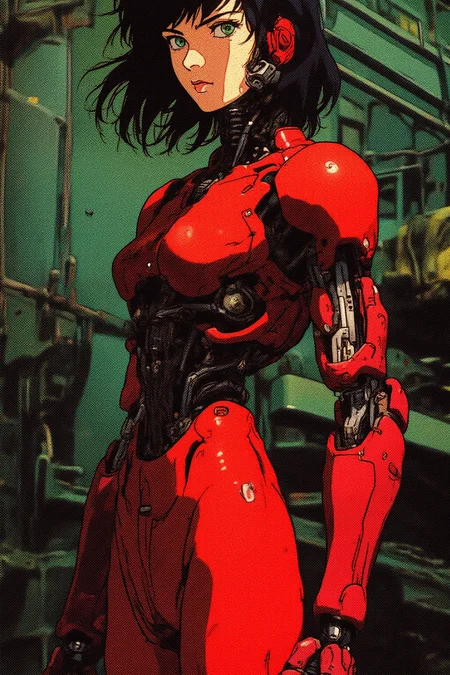 The image is a digital illustration in a detailed, vibrant, high contrast, semi-realistic art style with 90s retro futuristic anime elements without noise or comic halftone effect. The subject is a woman with dark shoulder length hair and green eyes. Her face showing a serious expression. The theme of her body is a vivid red. Her body is slender and athletic. Her body is cyborg with mechanical parts integrated into it. Her arms and chest are fully mechanical. she is wearing a red futuristic, cybernetic, high-tech suit with a vivid red color, reminiscent of military or space gear. the background features a greenish, (dark), abandined, industrial setting with metallic pipes and machinery, creating a sense of a dystopian or sci-fi environment. The compostition and the poses are dynamic. The composition is dominated by cool tones, with a muted, slightly gritty texture that enhances the gritty, futuristic atmosphere.