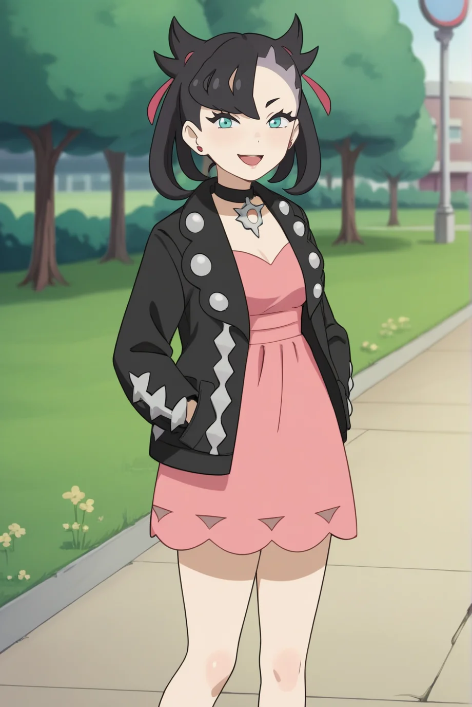 score_9, score_8_up, score_7_up, score_6_up, score_5_up, score_4_up, BREAK source_anime, 1girl, solo,
<lora:PokemonMarnieXL-v1-06:0.7>, ChopioMarnie, black hair, medium hair, twintails, undercut, pink hair ribbon, asymmetrical bangs, aqua eyes, eyelashes, pink earrings, looking at viewer,
mature female, [small breasts : medium breasts: 10], black nail polish,
outfit_1, black jacket, black choker, jewelry, open jacket, studded jacket, long sleeves, pink dress,
standing, smile, thighs, cowboy shot,
park, grass, stone path, lamppost, sunny, hands in pockets, knees, open mouth,