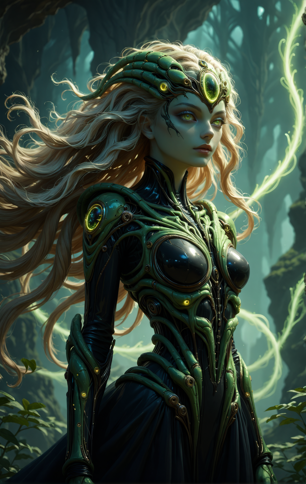 score_9, score_8_up, score_7_up, score_6_up, asrtomorph, mystical alien woman with a soft, radiant aura, her long, flowing hair resembling glowing plasma threads, her delicate, elongated features framed by intricate, organic-looking headpieces, a slim and elegant figure wrapped in an armor-like exoskeleton of iridescent hues, her piercing eyes filled with intelligence and mystery, surrounded by floating energy spheres on a dark, alien landscape