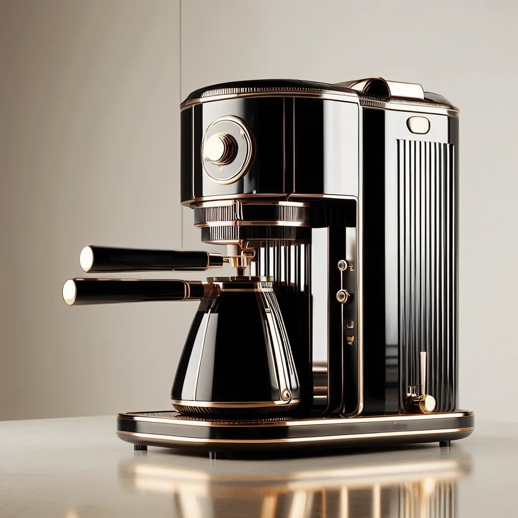 RetroBG, modern espresso machine, black and gold color scheme, vertical ridges, metallic accents, circular control dial, coffee spout, reflective surface, luxurious, sleek design, kitchen appliance, high quality, vibrant colors, dynamic composition <lora:RetroLuxe World Morph:1>