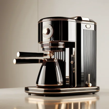RetroBG, modern espresso machine, black and gold color scheme, vertical ridges, metallic accents, circular control dial, coffee spout, reflective surface, luxurious, sleek design, kitchen appliance, high quality, vibrant colors, dynamic composition <lora:RetroLuxe World Morph:1>