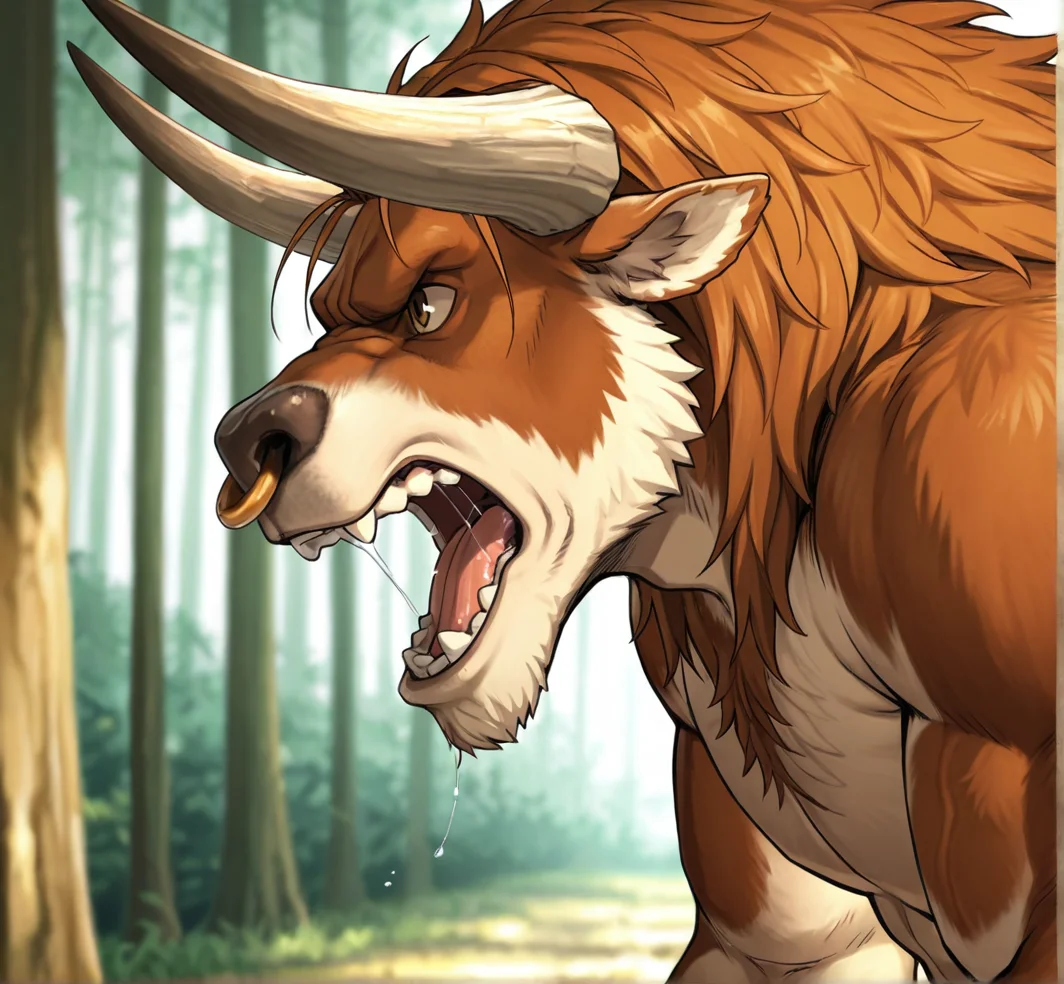 detailed face, detailed body, detailed background, perfect hands, perfect anatomy, masterpiece, high quality, best quality,
solo, forest, blurry background, close up, portrait, three quarter view, side view, (roar), yelling, open mouth, angry, saliva, saliva strand, face, nose ring,
Taur3n, bull, anthro, muscular, horns, bull horns, mane, fur, hunched,thick chest, pectorals, snout, nostrils, underbite, (square teeth), wide shoulders, hunched back, (humpback),
<lora:Tauren_for_Illustrious:0.7>