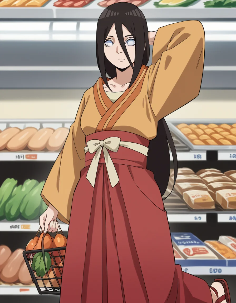 score_9, score_8_up, score_7_up, source_anime, <lora:hanabi-hyuuga-boruto-anime-ponyxl-lora-nochekaiser:1>, hanabi hyuuga, long hair, black hair, hair between eyes, white eyes, no pupils,, skirt, long sleeves, japanese clothes, kimono, sandals, hakama, orange kimono, red hakama,, grocery store, shopping cart, picking fruits, everyday life, , , looking at viewer, hand behind head, solo,, cowboy shot, dutch angle