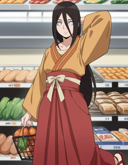 score_9, score_8_up, score_7_up, source_anime, <lora:hanabi-hyuuga-boruto-anime-ponyxl-lora-nochekaiser:1>, hanabi hyuuga, long hair, black hair, hair between eyes, white eyes, no pupils,, skirt, long sleeves, japanese clothes, kimono, sandals, hakama, orange kimono, red hakama,, grocery store, shopping cart, picking fruits, everyday life, , , looking at viewer, hand behind head, solo,, cowboy shot, dutch angle