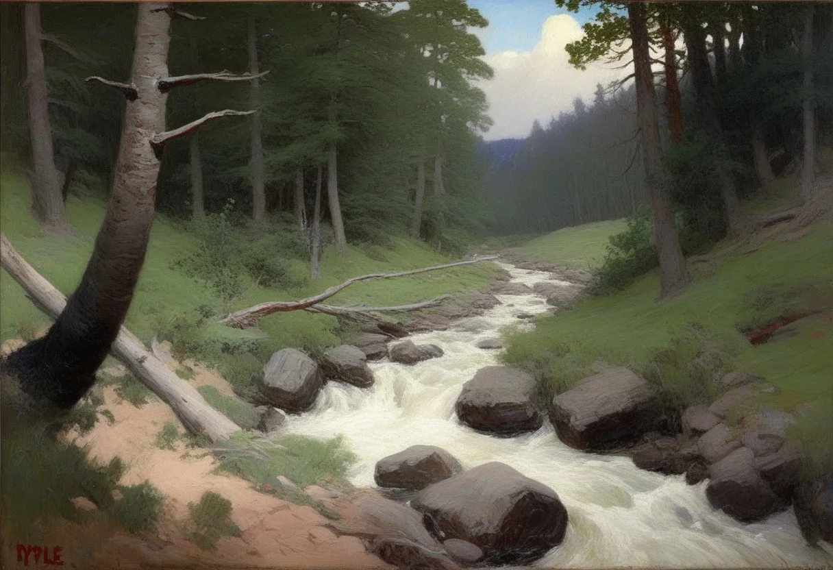 Pyle Painting, pyle landscape painting of a stream running through a dense forest