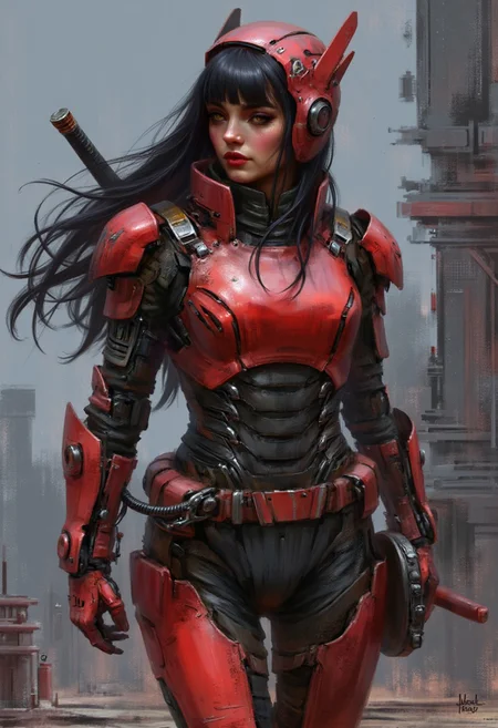in the style of ck-sfc, female cyberpunk warrior, hyperdetailed helmet, flowing black hair, bangs, red lips, dark eyeshadow, red leather plated armor, robot joints, body made of metals, cables and wires, a katana strapped to her back, abstract background suggesting eastern temple