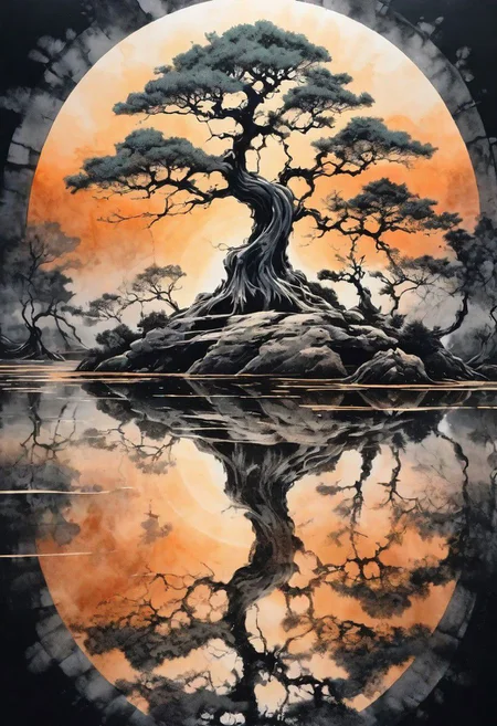 ink illustration, ink stains, ink splatters, ink runs, ink spots, faded ink, dramatic bonsai tree, plant on black reflective surface, sunrise, detailed, amazing natural lighting, earthy pastel colors, weeping for the lost children, symmetrical fractal pattern, linquivera