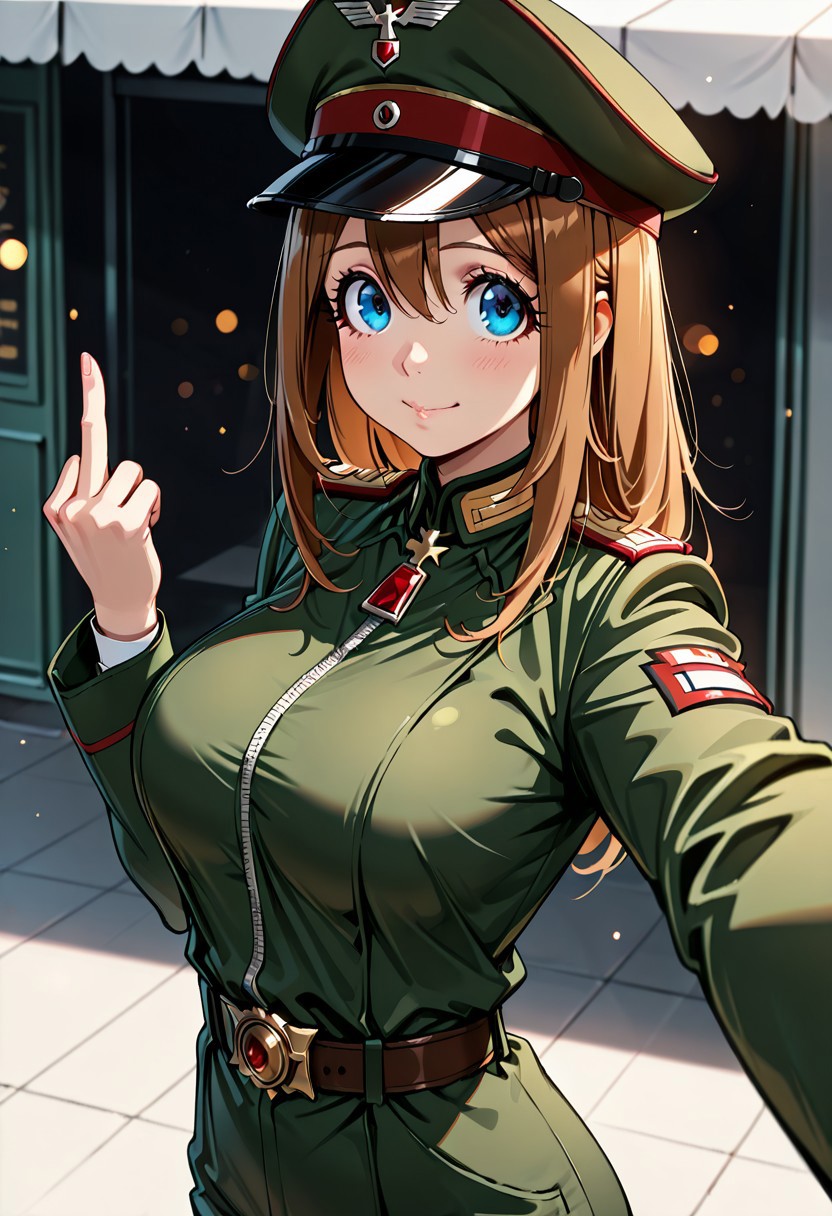 score_9, score_8_up, score_7_up, dynamic view, eye_focus, solo, looking_at_viewer, 1girl, 
masterpiece, best quality, bokeh, luminescent background,
( viktoriya ivanovna serebryakova, ,   brown hair, blue eyes, large breasts, long hair, hair between eyes, bangs, , brown belt,  long sleeves,   military jacket,  green military uniform, green military pants,   white gloves, peaked cap, black boots, )
outdoors, storefront, selfie, outstretched arm, taking picture, reaching towards viewer, upper body, looking at viewer, middle finger