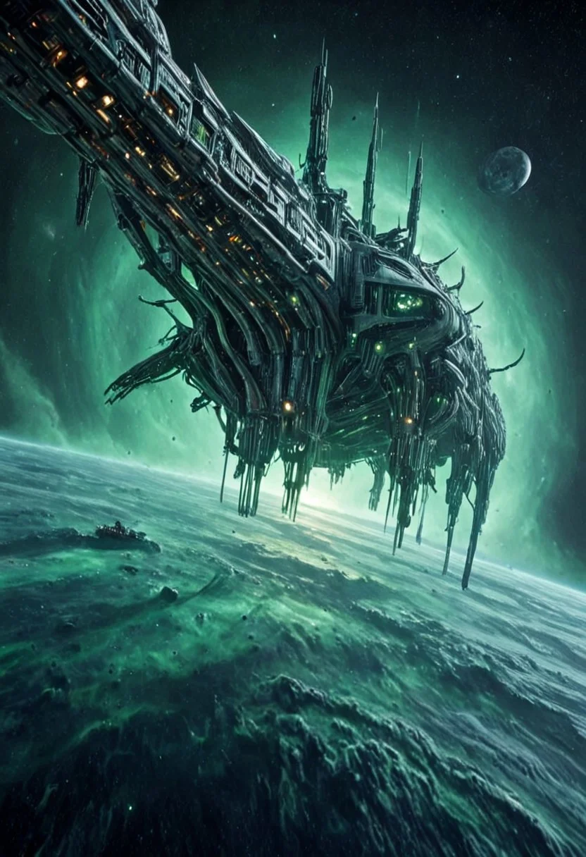 h0rr0rstyl3, CosmicStyle, galactic orbit, biomechanical starships, alien dreadnoughts, vast space fleet, deep-space perspective, sinister propulsion cores, organic hull plating fused with alloy skeletons, eerie green luminescence, eldritch-tech fusion design, hovering above a dying planet, hostile intent, colossal scale, pulsating engine chambers, venomous color palette, surreal war vessels, drifting in interstellar silence, atmospheric friction glow, ancient unknown technologies, cosmic horror aesthetic, spacecraft formation resembling occult geometry