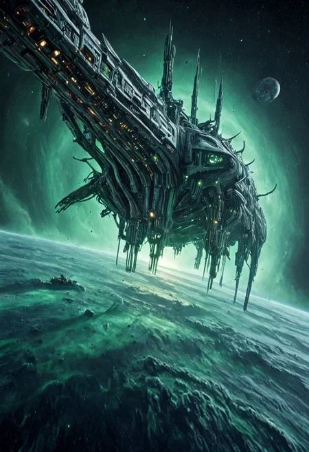 h0rr0rstyl3, CosmicStyle, galactic orbit, biomechanical starships, alien dreadnoughts, vast space fleet, deep-space perspective, sinister propulsion cores, organic hull plating fused with alloy skeletons, eerie green luminescence, eldritch-tech fusion design, hovering above a dying planet, hostile intent, colossal scale, pulsating engine chambers, venomous color palette, surreal war vessels, drifting in interstellar silence, atmospheric friction glow, ancient unknown technologies, cosmic horror aesthetic, spacecraft formation resembling occult geometry