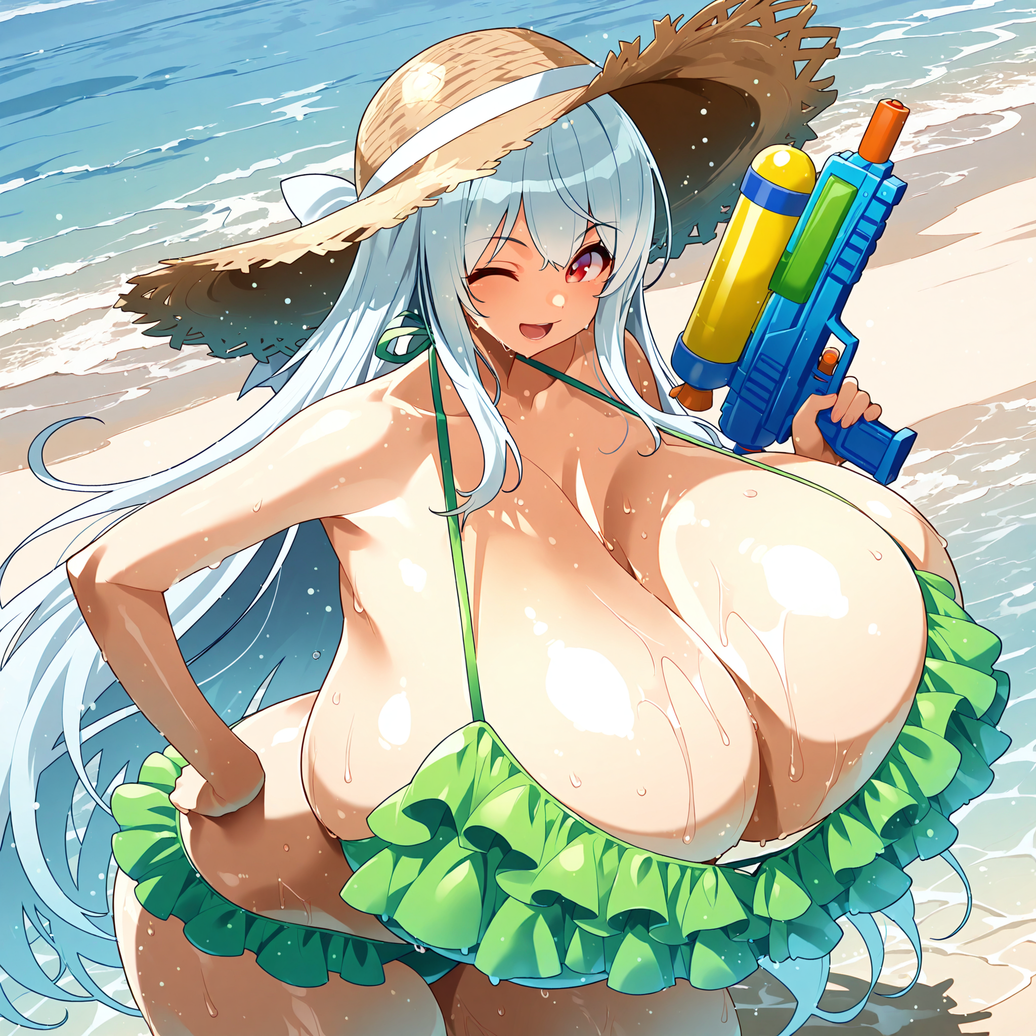 (masterpiece), best quality, (highly detailed), 1female, solo, <lora:Umigarasu_style_Illustrious:0.8>, green bikini, frill bikini, gigantic breasts, beach, partially submerged, waist high water, open mouth, smile, one eye closed, red eyes, white hair, long hair, wet, skindentation, wide breasts, hands, straw hat, hand on hip, holding water gun,