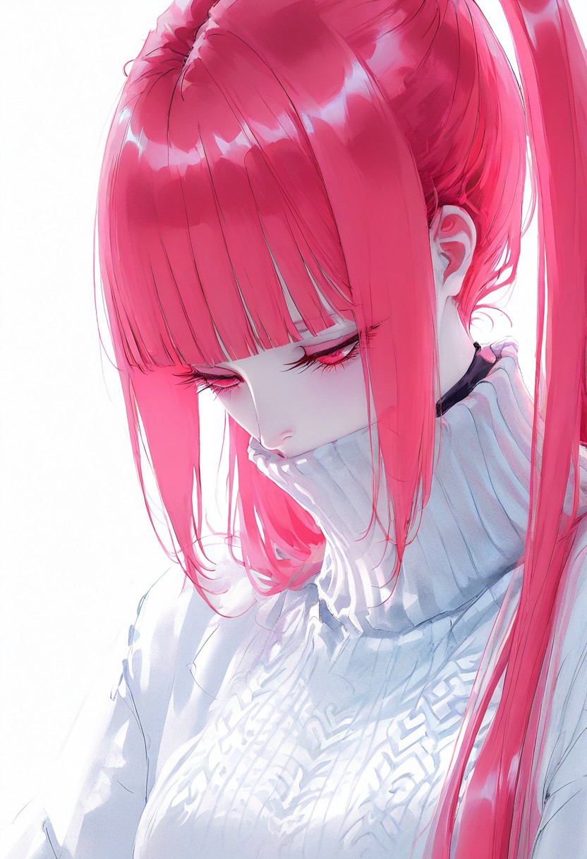 masterpiece, best quality, amazing quality, <lora:Nalan_Yanran:1>
1 girl, solo, pink hair, pink eyes, very long hair, twintails, bangs, blunt bangs, ponytail, simple background, white background, sweater, eyelashes, turtleneck, looking down, half-closed eyes, portrait, pale skin, close-up, covered mouth, white sweater, long eyelashes,
wlop, nhl-001, limited palette, realistic <lora:noobai_ep11_stabilizer_v0.138_fp16:0.3> <lora:NOOB_vp1_detailer_by_volnovik_v1:0.3> <lora:nhl-002-nai:0.7> <lora:nhl-001-20:0.8> <lora:XXX667:0.6>