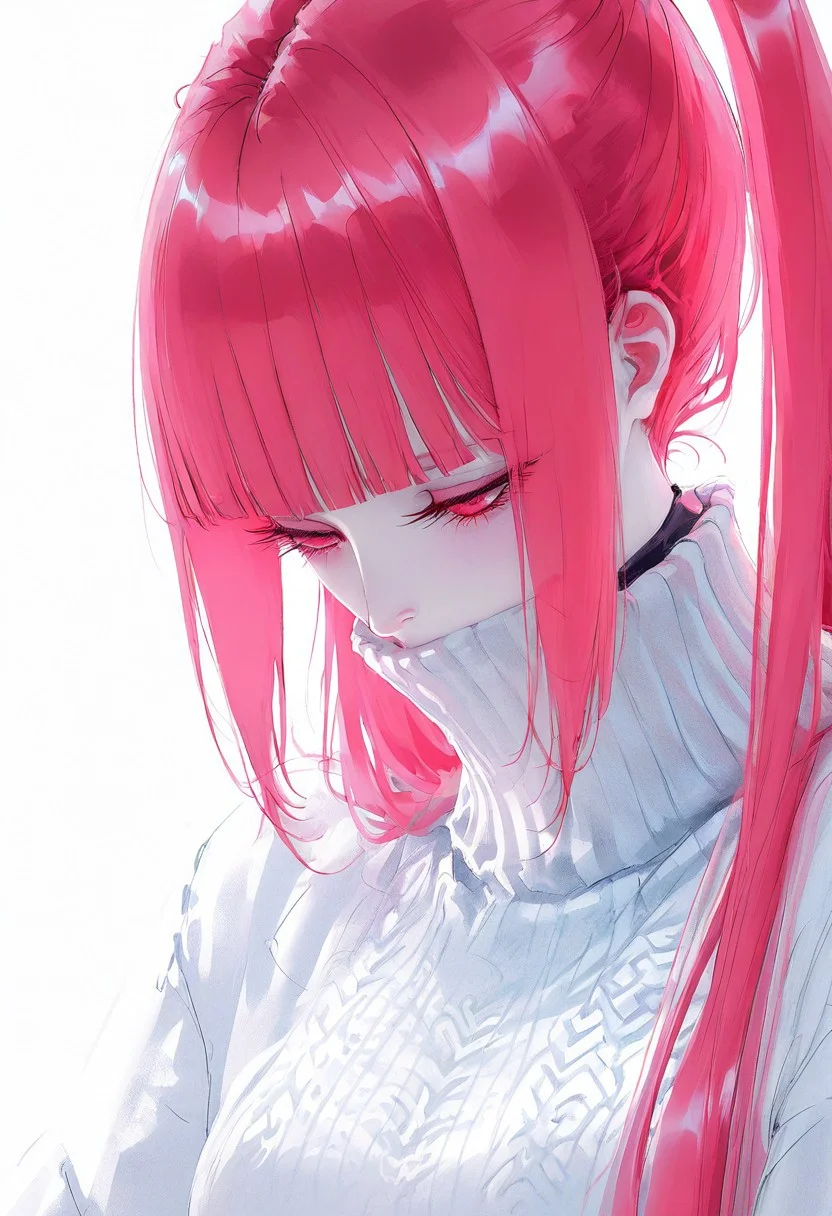 masterpiece, best quality, amazing quality, <lora:Nalan_Yanran:1>
1 girl, solo, pink hair, pink eyes, very long hair, twintails, bangs, blunt bangs, ponytail, simple background, white background, sweater, eyelashes, turtleneck, looking down, half-closed eyes, portrait, pale skin, close-up, covered mouth, white sweater, long eyelashes,
wlop, nhl-001, limited palette, realistic <lora:noobai_ep11_stabilizer_v0.138_fp16:0.3> <lora:NOOB_vp1_detailer_by_volnovik_v1:0.3> <lora:nhl-002-nai:0.7> <lora:nhl-001-20:0.8> <lora:XXX667:0.6>