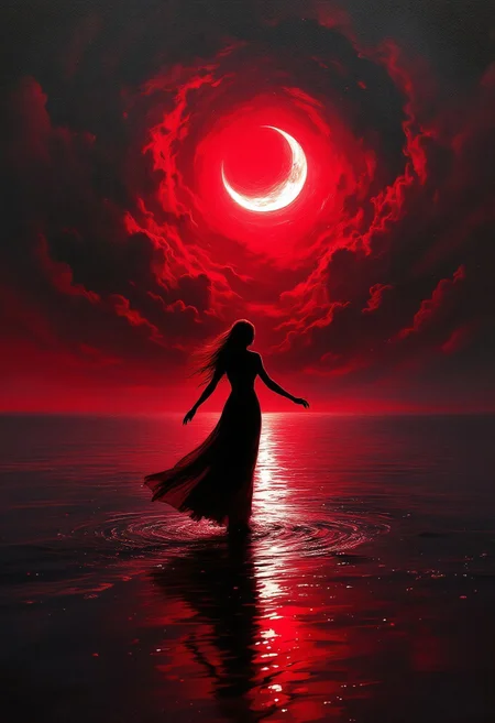A captivating, dramatic scene in a painting that exudes mystery and foreboding. A fiery red sky, swirling clouds, and a crescent moon illuminate a solitary woman standing near the water's edge. Her long dress flows in the wind, silhouetted against the eerie glow. The water mirrors the fiery sky and moonlight, amplifying the uneasy atmosphere. The composition emphasizes the woman's isolation and vulnerability, with her outstretched arms reflecting longing or despair. This vibrant, cinematic work of conceptual art creates a haunting impression., conceptual art, painting, vibrant, cinematic
