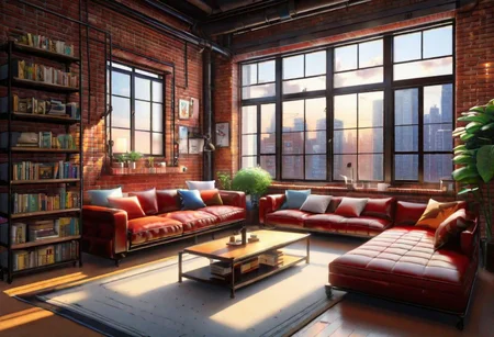 anime-style, an industrial-style interior with red brick walls and large windows, a  study, Sofa, coffee table, bookcase, single wall, 
warm light morning sun, the view of the city
