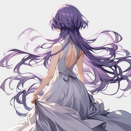 score_9, score_8_up, score_7_up, simple background, hair flowing over, 
1girl, jfcut, long hair, dress, hair between eyes, purple hair, from behind,
 <lora:jellyfish_haircut_pony_v1:0.6>