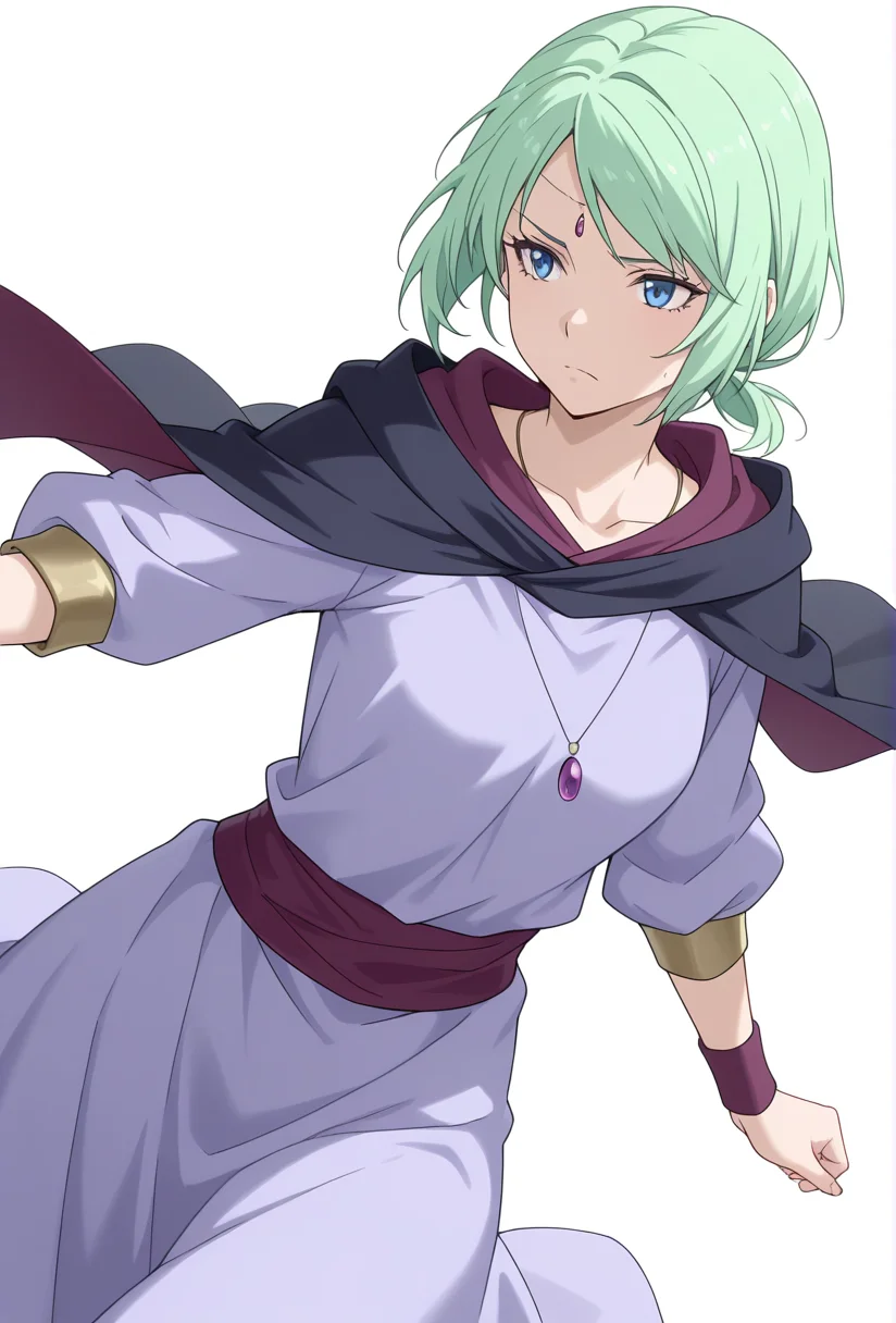 Smooth Quality,masterpiece,very intricate, high quality details, ultra realistic, high detailed skin,detailed enviorement,absurdres,
simple background, white background,solo,
dynamic angle,dancing, 
worried,
 <lora:Mjurran_cnn:0.7> mjurrancnn1girl, short hair, green hair, blue eyes, frown,necklace, forehead jewel,low ponytail, dress, cape, wristband,
