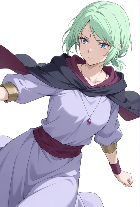 Smooth Quality,masterpiece,very intricate, high quality details, ultra realistic, high detailed skin,detailed enviorement,absurdres,
simple background, white background,solo,
dynamic angle,dancing,
worried,
<lora:Mjurran_cnn:0.7> mjurrancnn1girl, short hair, green hair, blue eyes, frown,necklace, forehead jewel,low ponytail, dress, cape, wristband,