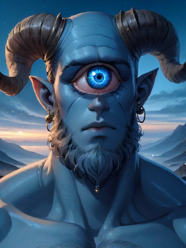 cyclops, one eye, solo, looking at viewer, blue eyes, 1boy, jewelry, male focus, earrings, outdoors, horns, sky, pointy ears, colored skin, facial hair, portrait, beard, mountain, realistic, blue skin, curled horns, one-eyed<lora:cyclopes:1>
