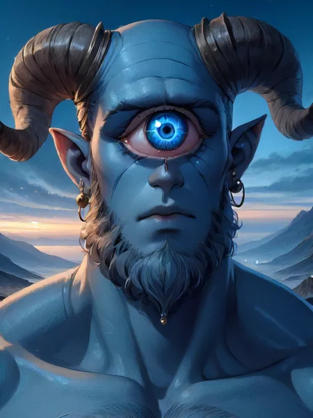 cyclops, one eye, solo, looking at viewer, blue eyes, 1boy, jewelry, male focus, earrings, outdoors, horns, sky, pointy ears, colored skin, facial hair, portrait, beard, mountain, realistic, blue skin, curled horns, one-eyed<lora:cyclopes:1>